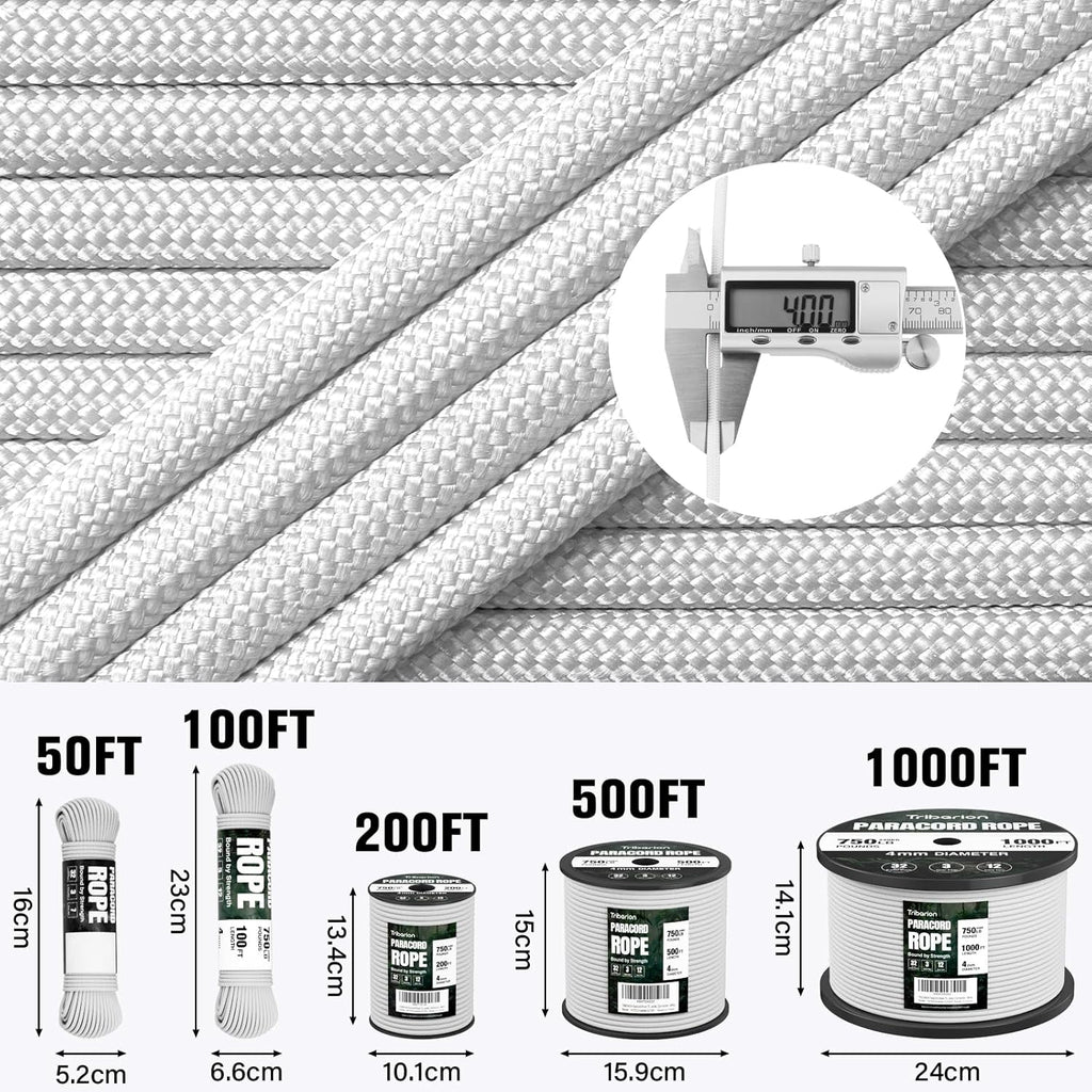 Paracord 750 lb - 100ft Heavy Duty 12-Strand Parachute Cord | Ideal for Camping, Survival Gear, and Crafts - White