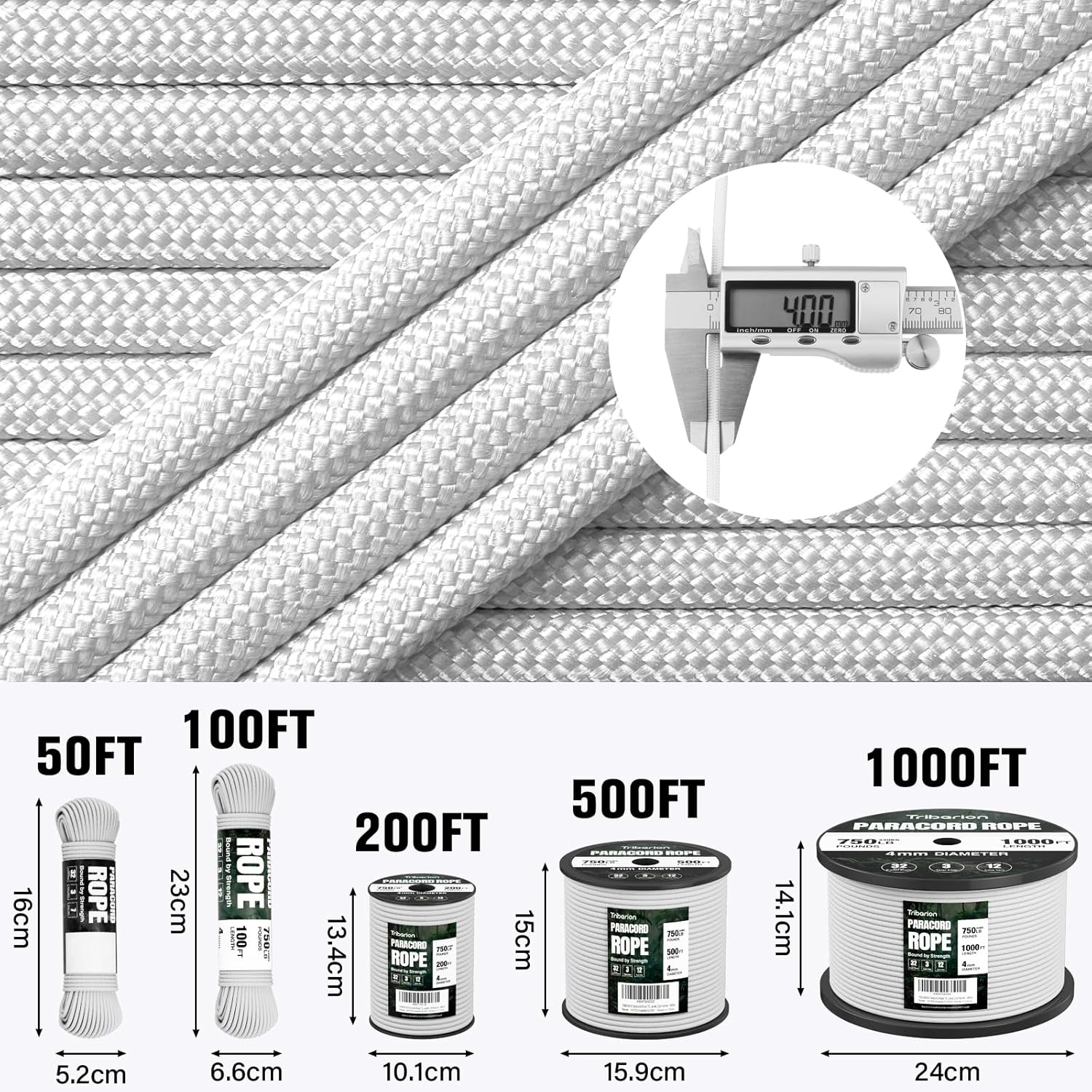 Paracord 750 lb - 100ft Heavy Duty 12-Strand Parachute Cord | Ideal for Camping, Survival Gear, and Crafts - White