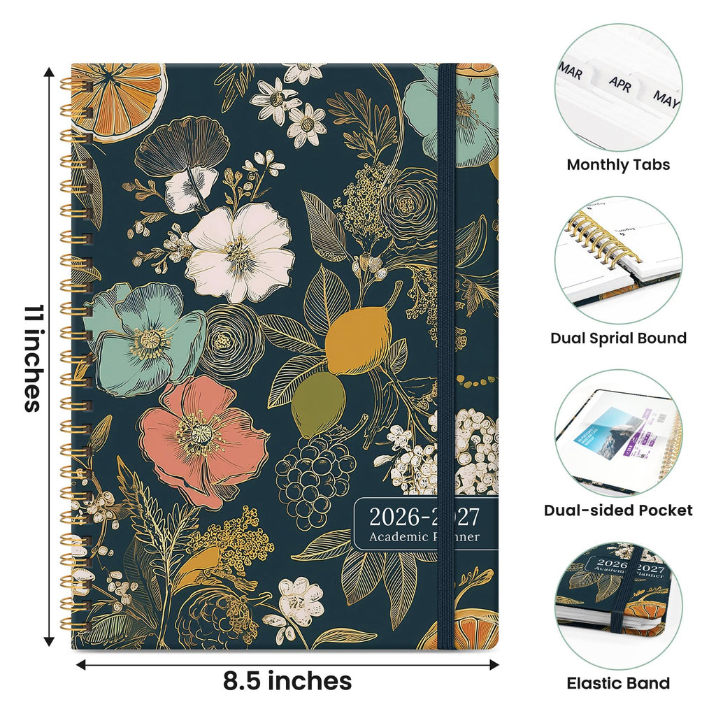 Planner 2026-2027, Monthly and Weekly Academic Planner July 2026 - June 2027, Hardcover Student Teacher Planning Agenda Calendar Book with Tabs, Perfect for Office School Supplies, A4 (8.5" x 11") - Citrus Bloom