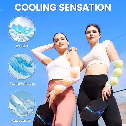 EICEM Pickleball Holder Sleeves, UV Sun Protection Cooling Breathable Compression Arm Sleeves with Pickle Ball Pocket, Lightweight Pickleball Accessories for Men & Women - White & Pink