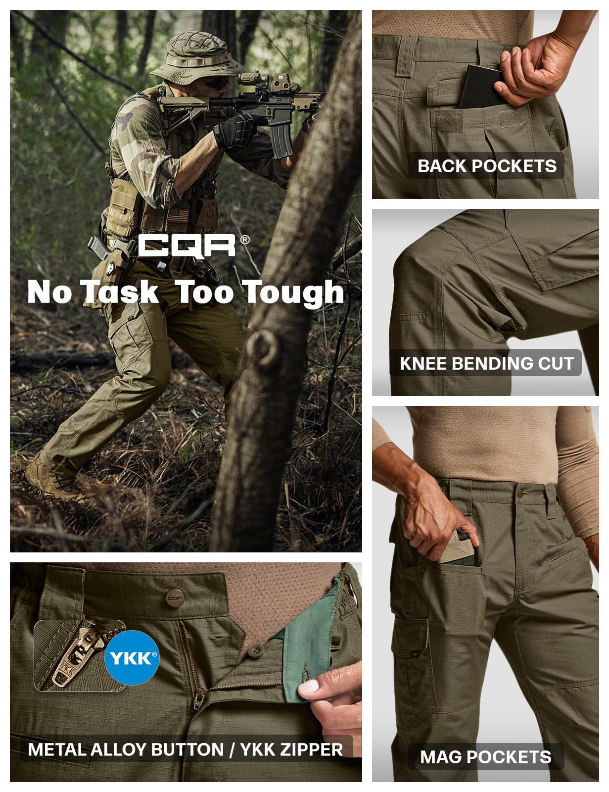 CQR Men's Tactical Pants, Water Resistant Ripstop Cargo Pants, Lightweight EDC Work Hiking Pants, Outdoor Apparel, Raider Soil Green, 28W x 30L