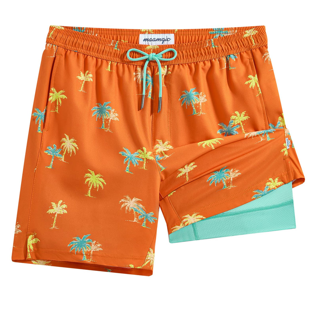 maamgic Mens Swim Trunks with Compression Liner 7 Inch Inseam Mens Bathing Suit Quick Dry Swimming Trunks Swimsuit Orange Coconut Tree Medium
