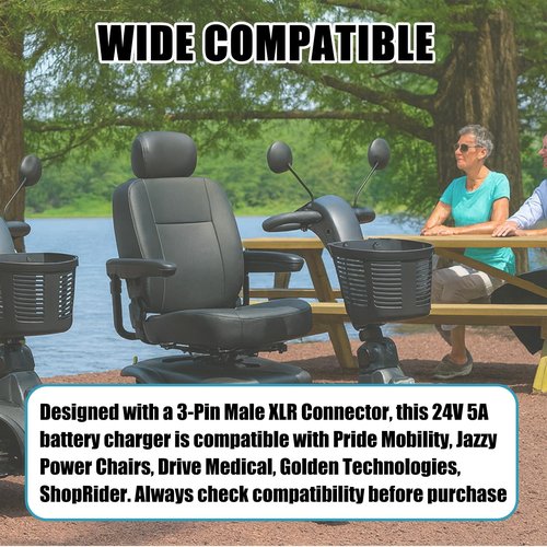 New Upgrade 24V 5A Battery Charger with Fan Cooling 3-Pin Male XLR Connector Compatible with Pride Mobility, Jazzy Power Chairs, Drive Medical, Golden Technologies, ShopRider