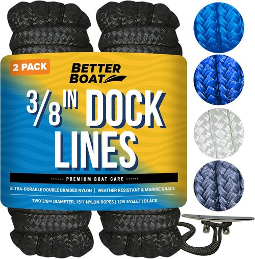 Better Boat Dock Lines - 3/8" x 15ft Double Braided Nylon Rope, Marine Grade Mooring Line, Black