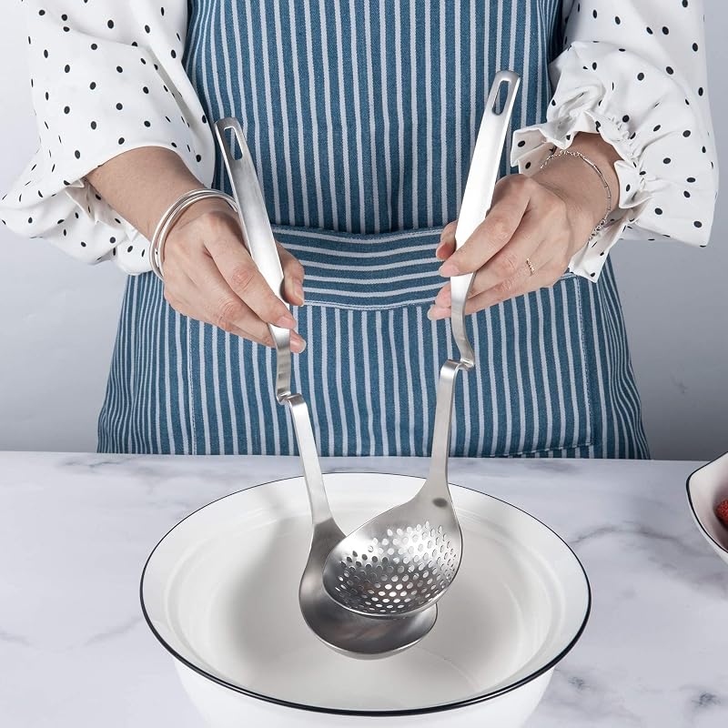 12-Inch SUS304 Stainless Steel Slotted Ladle Set for Hot Pot & Soup