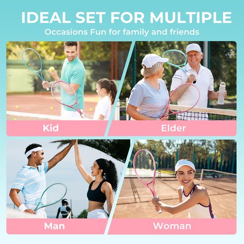 HIRALIY 27" Tennis Rackets Set for Adults, 2 Player Pre-Strung Tennis Racquets, 2 Overgrip Tapes,3 Balls, and 1 Carrying Bag, Outdoor Recreational Sport for Beginner (Pink/Green)