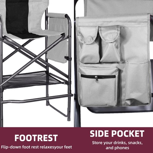 Tisetrail Tall Directors Chair 30" Seat Height, Bar Height Folding Chair with Side Table, Foldable Camping Chair with Side Pocket for Makeup Artist, Sports Event, Supports 400LBS - Black/Gray
