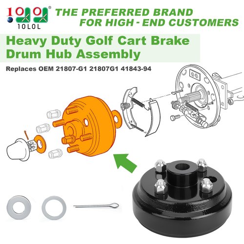 10L0L 2 Pack Golf Cart Brake Drum Hub Assembly for EZGO-TXT 1991-Up 4 Cycle Gas Models, Replace OEM 21807-G1 21807G1 41843-94, Large Hole Rear Brake Drum Hub