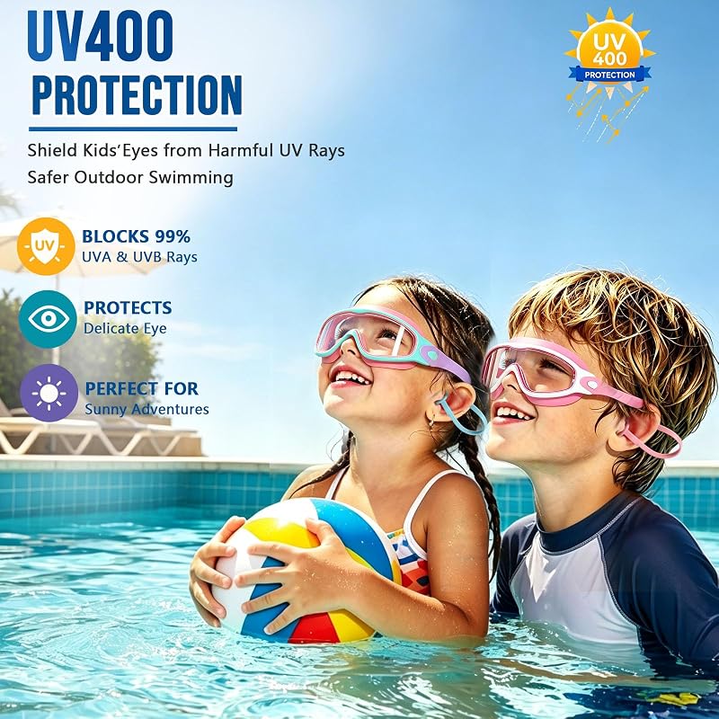 Kids Swim Goggles Anti-Fog Panoramic 180° View for Girls & Boys 3-16 – Pink/Green & Pink/White