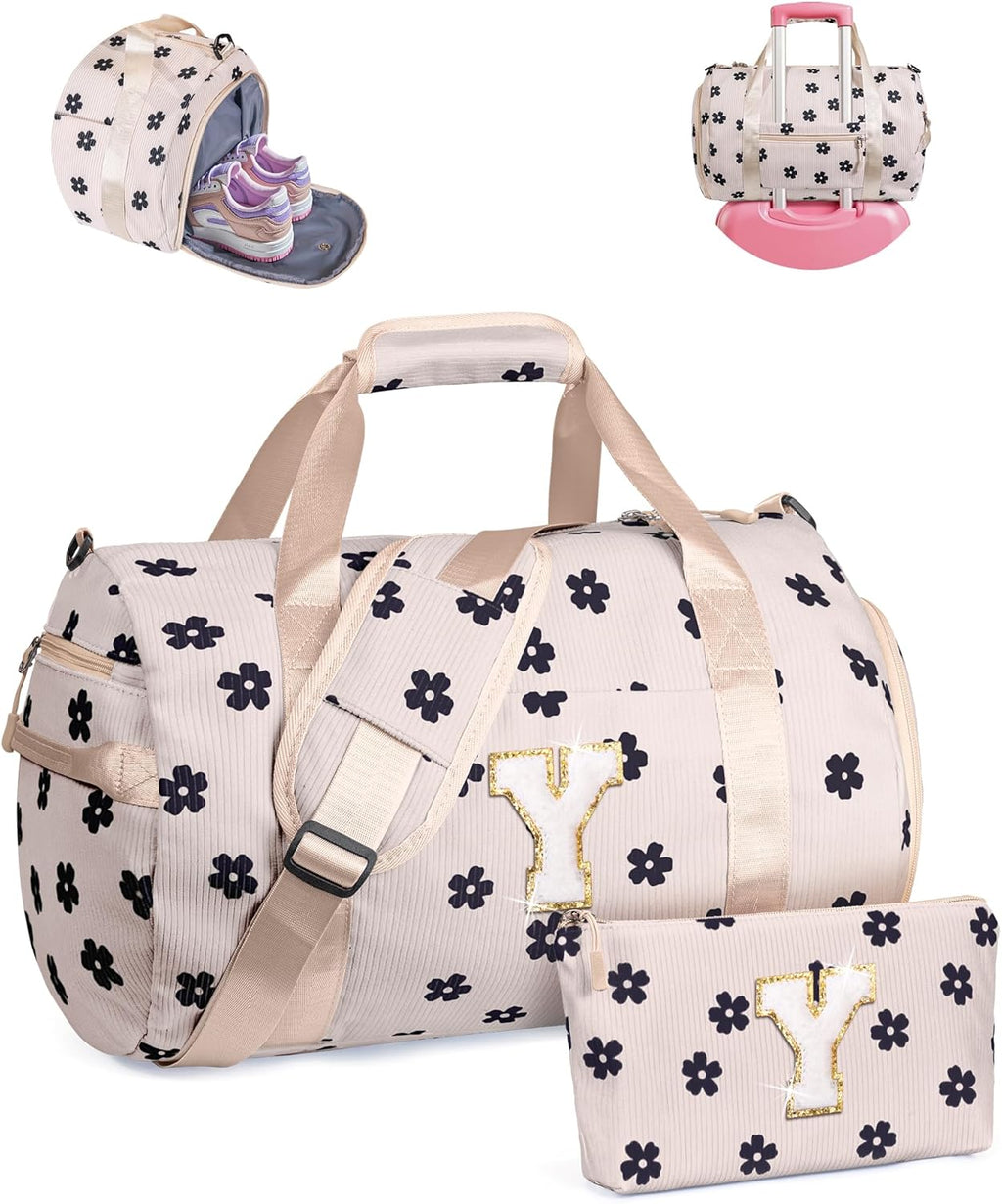 Skiennix Personalized Girls Gym Bag - Stylish Overnight Duffel with Shoe Compartment & Toiletry Bag | Perfect for Travel & Gifts (Letter Y)