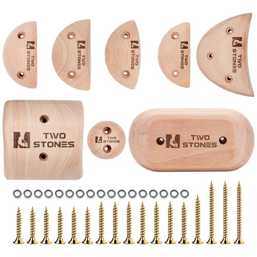 TWO STONES Wooden Rock Climbing Holds Kids and Adults | Wood Rock Wall Climbing Holds Kids and Gyms | Variety Screw On Climbing Hand Holds Set with Mounting Hardware