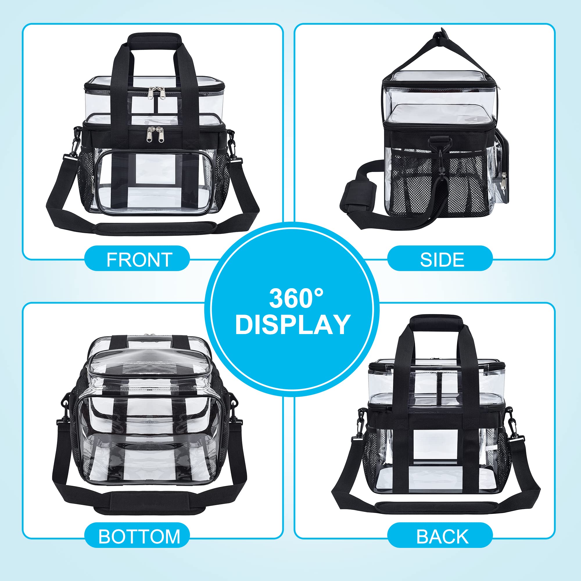 Jeluno Clear Lunch Bag - Large Clear Lunch Bag for Work Double-Deck Reusable Lunch Bag with Adjustable Strap, Front Pocket and Top Compartment for Picnic, Beach, Work, School（2-3 People Use）