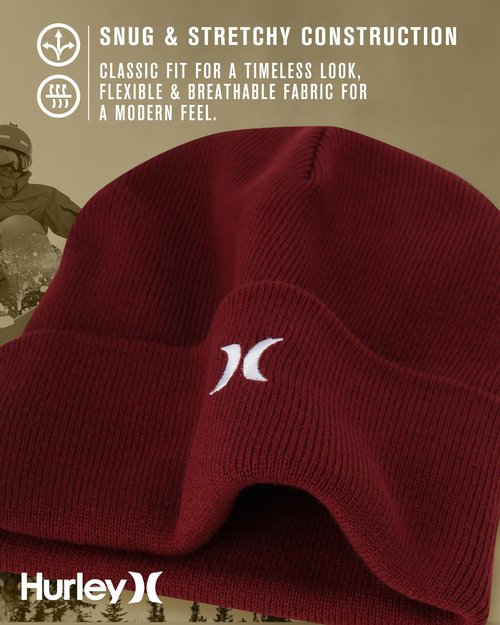 Hurley Men's Winter Hat - Heavyweight Slouchy Fit Icon Cuffed Beanie, Size One Size, Noble Red