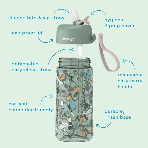 Bentgo Kids Water Bottle 2-Pack - Leak-Proof Tritan BPA-Free 15 oz Cups for Kids | Bite & Sip Spout, Dishwasher Safe (Dinosaur/Dino Fossils)