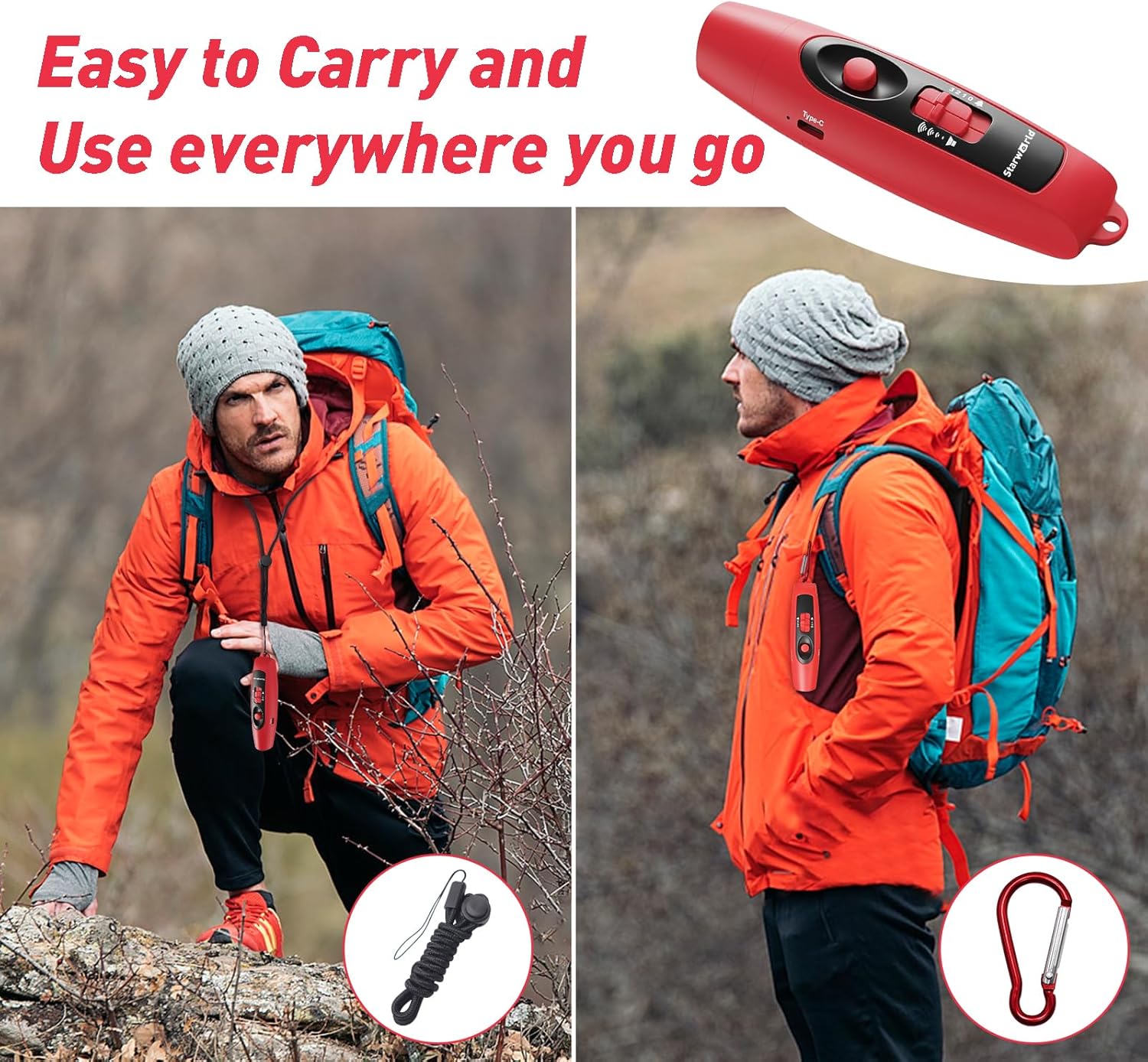 StarWorld Rechargeable Bear Horn - 120dB Electronic Air Horn with 4 Volume Levels & LED Light | Wildlife Defense (Red)