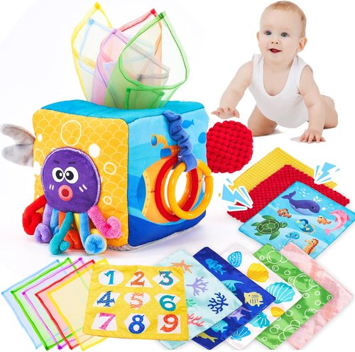 Hahaland Baby Tissue Box Toy - Montessori Sensory Toy for 6-12 Months with Textured Tails & Crinkle Tissues