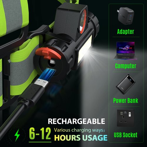 OMKHE Running Lights for Runners 500LM, Reflective Vest with LED Light 90°Adjustable Tilt, Back Red Warning Light, USB Rechargeable High Visibility Vest for Night Walking/Cycling/Jogging