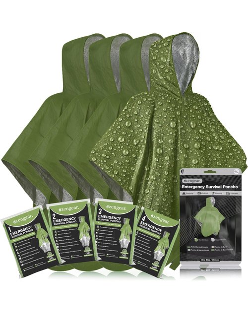 aZengear Emergency Survival Poncho (4pc) Thermal Mylar Foil Blanket for Heat Retention and Rain | Reversible with Hood | Waterproof, Windproof, Portable, Hands-Free, Outdoor Kit (Green)