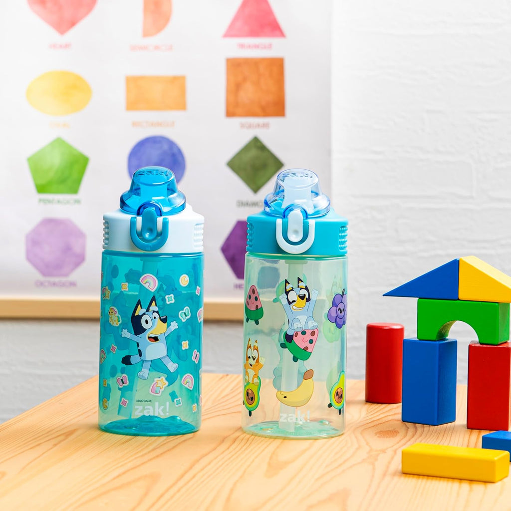 Zak Designs Bluey Sage Kids Water Bottle - Durable 16oz Plastic with Straw & Leak-Proof Cover | 2-Pack Set