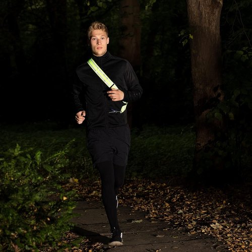 Navaris Reflective Sash - Nighttime Safety Gear for Walking, Cycling, Running - Yellow with Pocket & Carabiner Clip