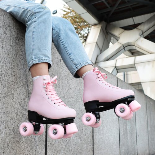 Wiwiy Roller Skates for Women Men, Leather High Top Double-Row Skates Pink, for Beginner Indoor Outdoor Roller Skates(Women's 8.5 / Men's 7.5)