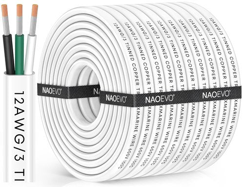 NAOEVO 12 Gauge Marine Wire - Waterproof 12/3 Triplex Electrical Cable | 100FT Insulated PVC for Boats & RVs