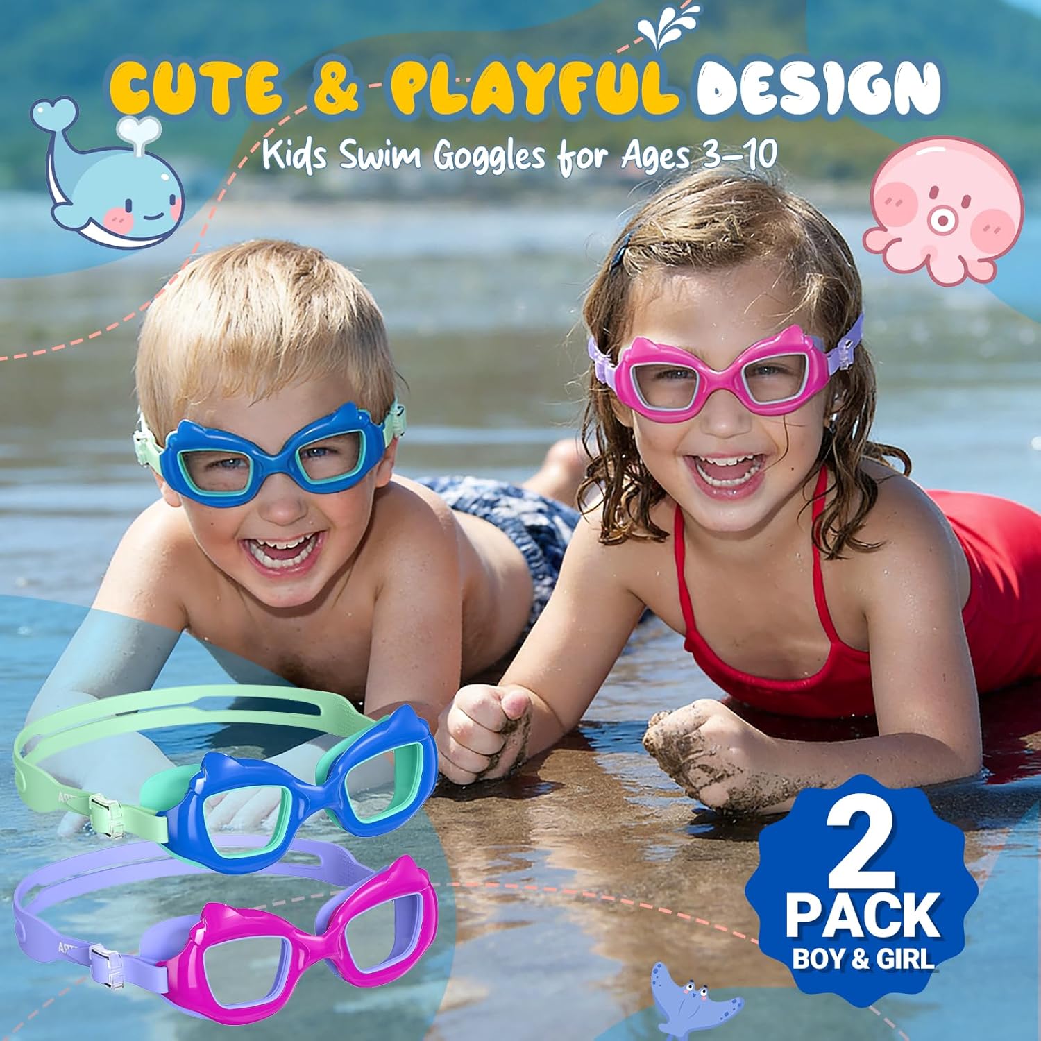 Skiennix Kids Swim Goggles - Anti-Fog UV Protection for Ages 3-10 | 2 Pack with Easy Clips