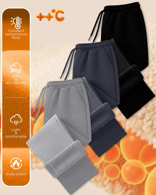 Velvelhall 3 Pack Women's Wide Leg Fleece Lined Sweatpants Thermal Lounge Warm Pants Drawstring Elastic Waisted with Pockets(Black, Blue Gray, Light Gray,X-Large)