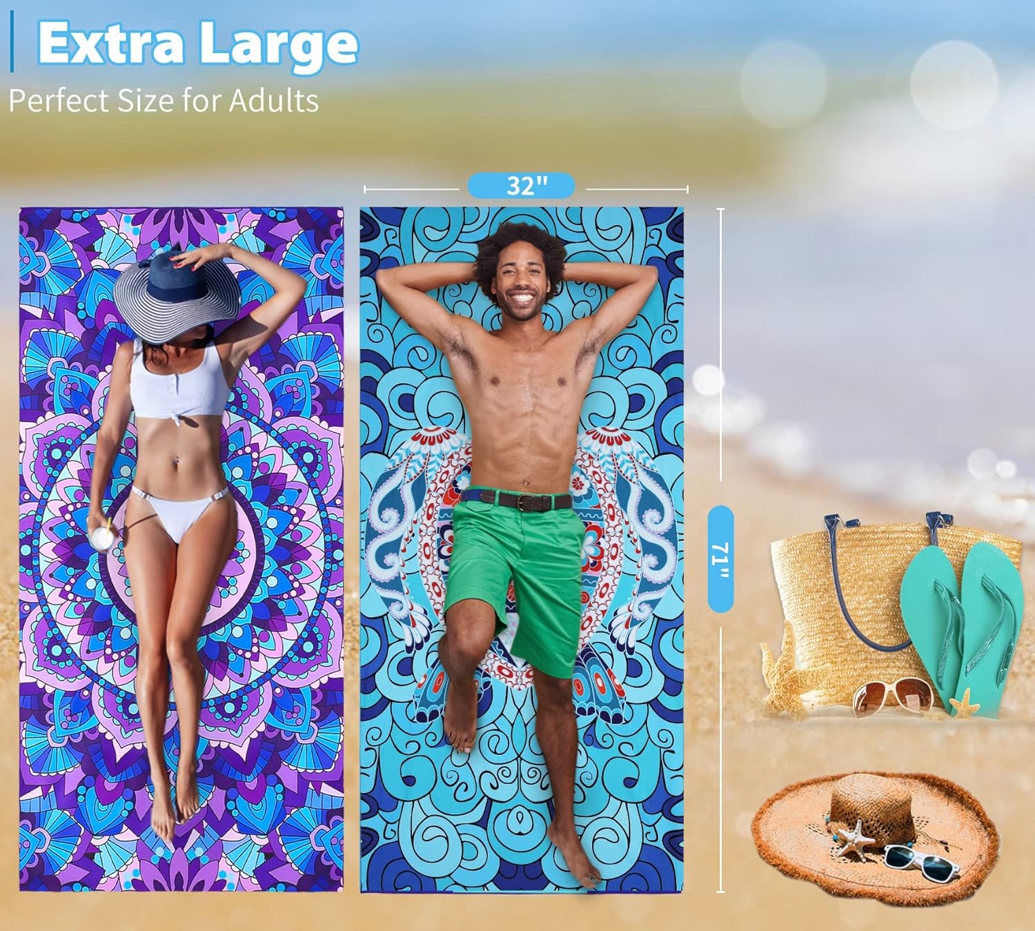 Skiennix Microfiber Beach Towels - Oversized, Lightweight & Sand-Free | 71"x32" - Perfect for Travel & Gym