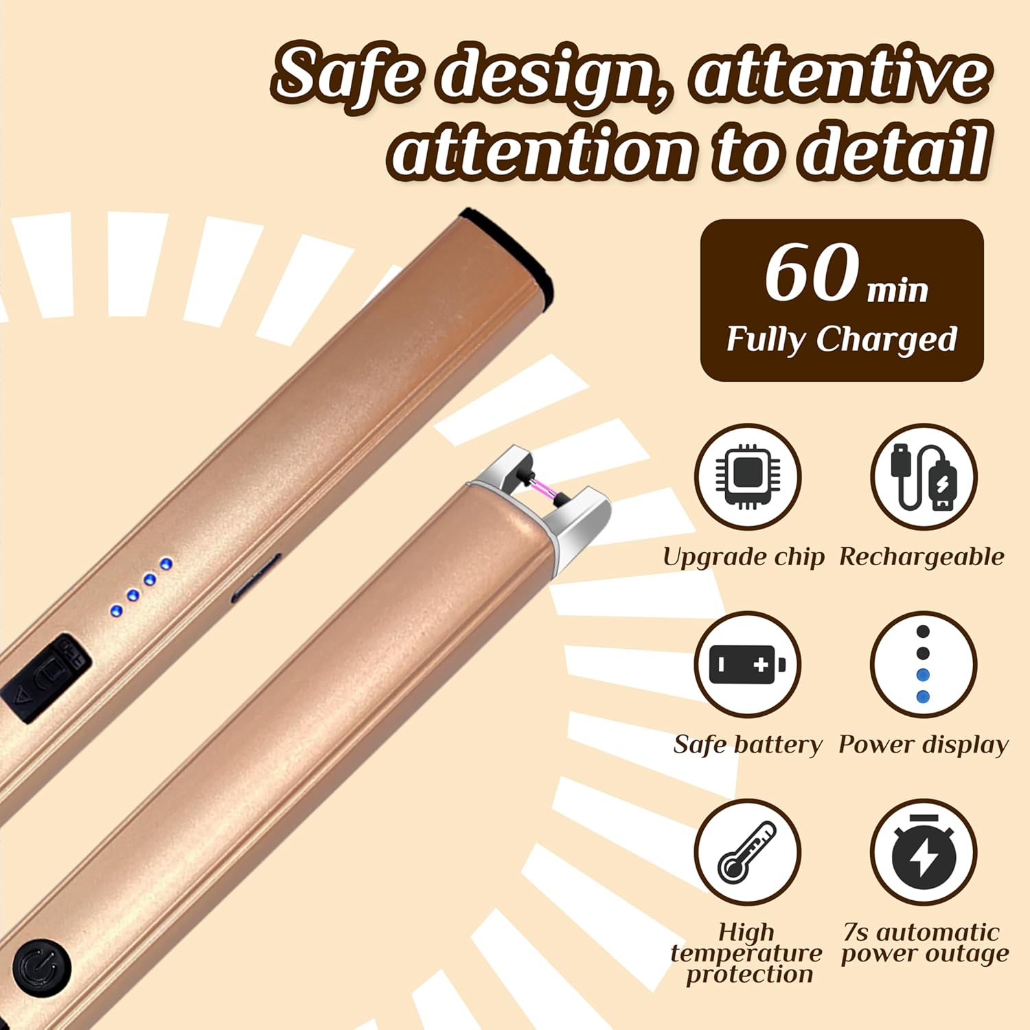 Skiennix Electric Candle Lighter - Windproof Flameless USB Rechargeable with LED Display | Champagne Gold, 2 PCS