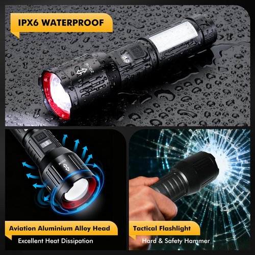 Flashlight Rechargeable High Lumens, 1,500,000L Super Bright LED Tactical Flashlights, High Powered Handheld Rechargeable Flash Light with 6 Modes, Type-C, Side Light, Long Runtime for Camping