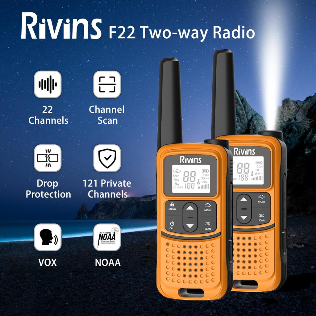 Rivins F22 Rechargeable Walkie Talkies - Long Range 1400mAh Battery, NOAA, USB-C, Flashlight | 2 Pack, Orange