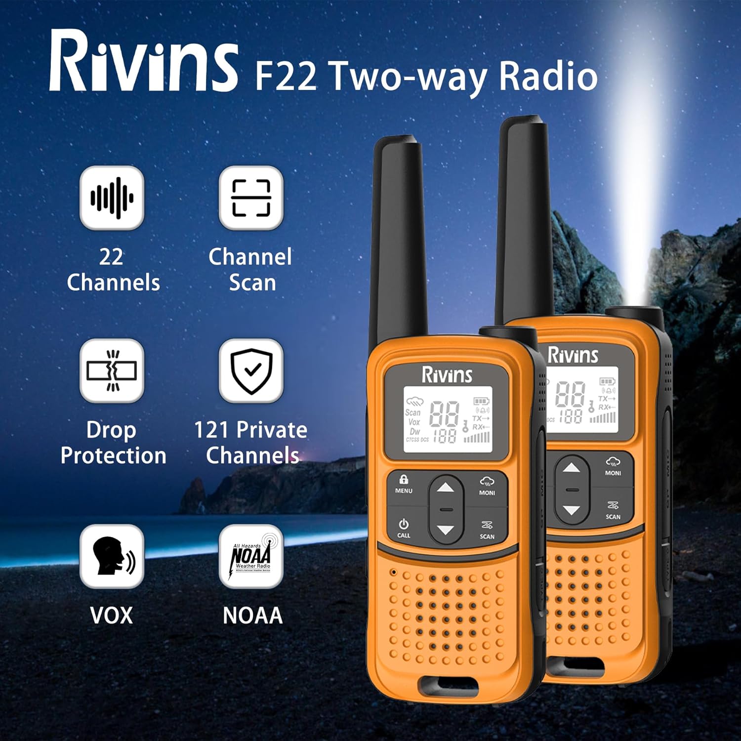 Rivins F22 Rechargeable Walkie Talkies - Long Range 1400mAh Battery, NOAA, USB-C, Flashlight | 2 Pack, Orange