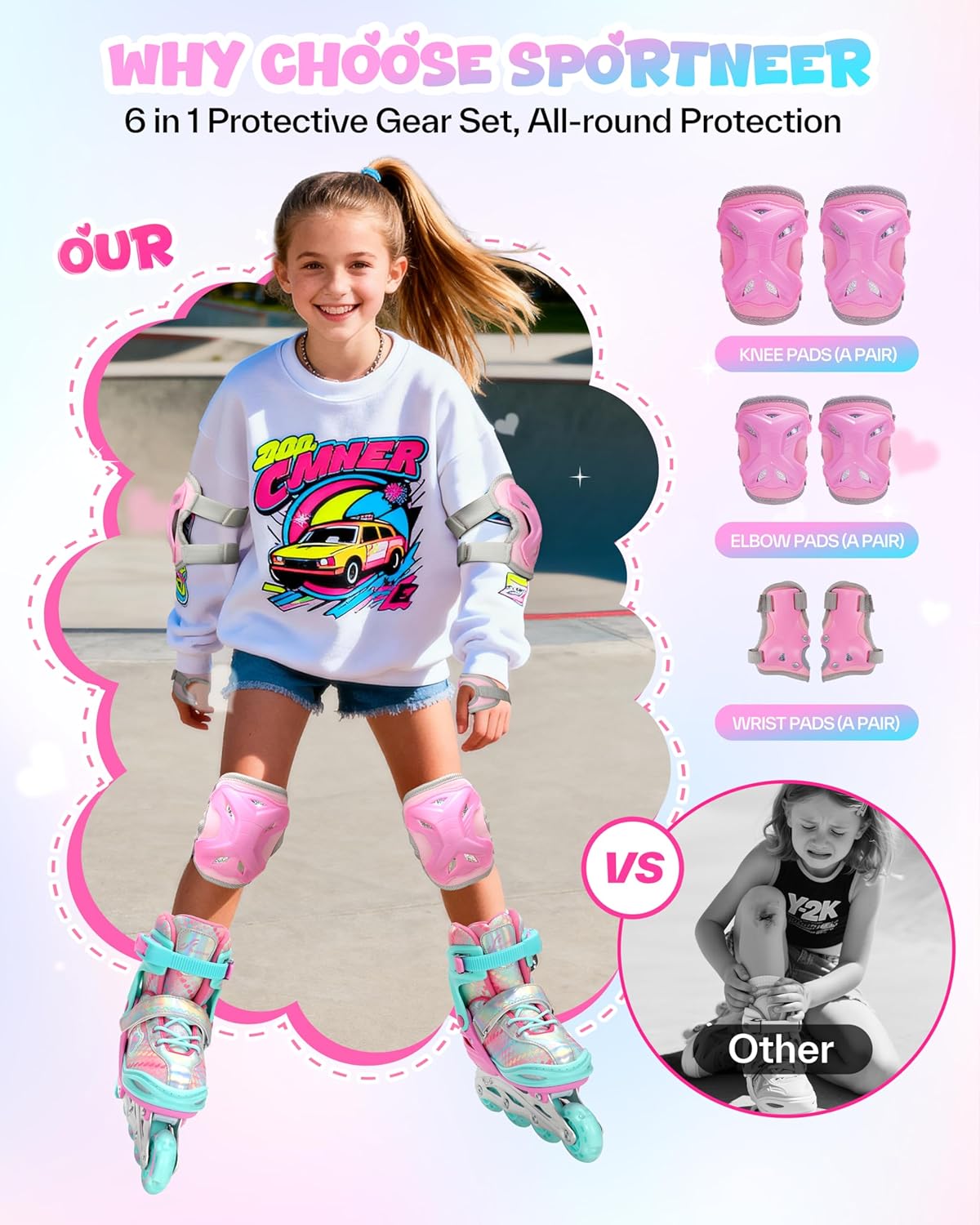 Sportneer Adjustable Inline Skates for Girls | Light-Up Wheels & Protective Gear Set | Sizes 12C-9