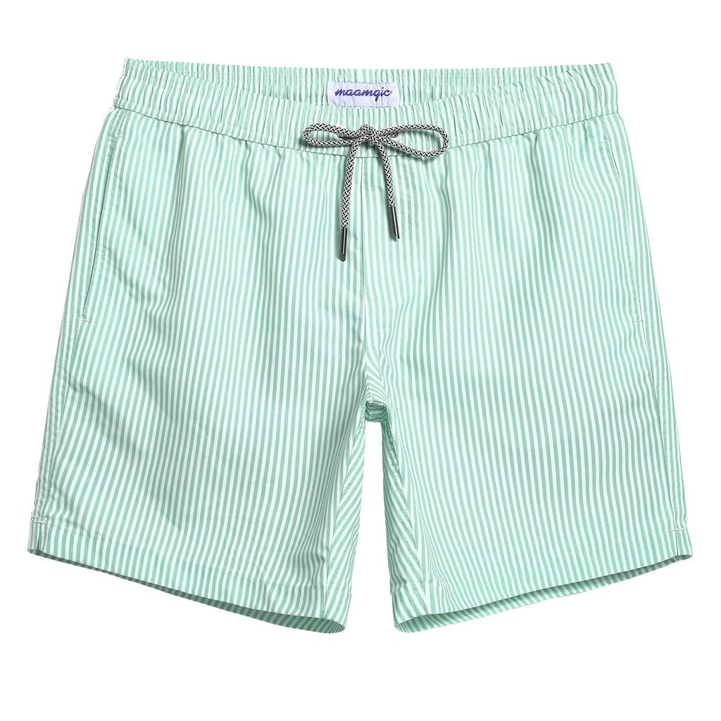maamgic Mens Swim Trunks Quick Dry Swim Shorts with Mesh Lining Funny Swimwear Bathing Suits 7inch Green Stripes Large