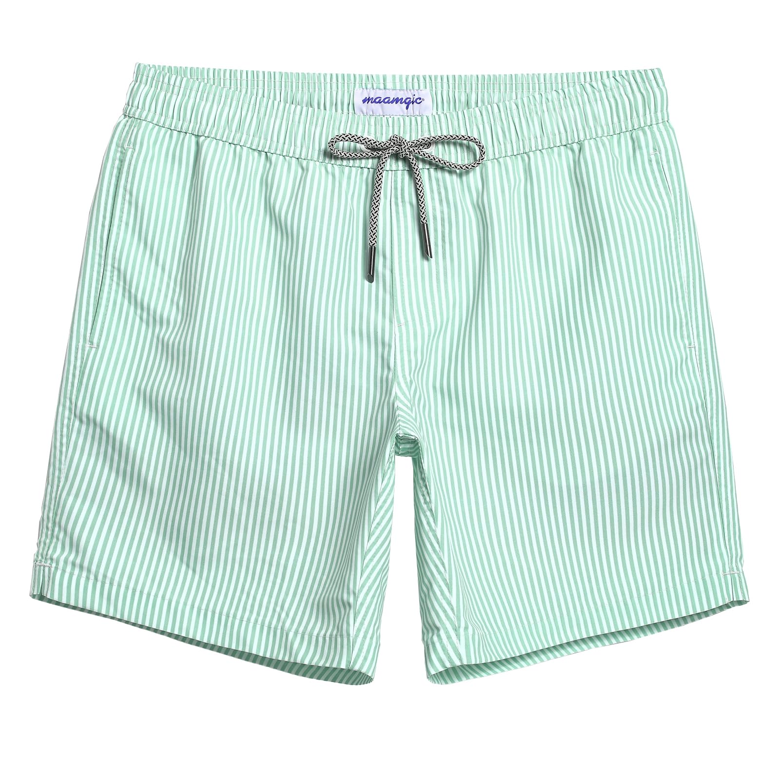 maamgic Mens Swim Trunks Quick Dry Swim Shorts with Mesh Lining Funny Swimwear Bathing Suits 7inch Green Stripes Large