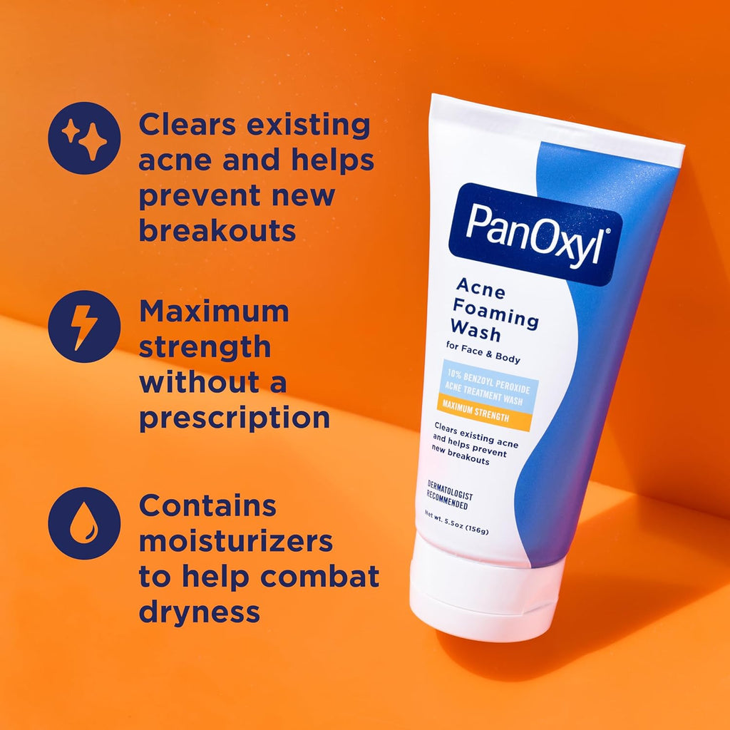 PanOxyl Acne Foaming Wash - Maximum Strength 10% Benzoyl Peroxide Cleanser | 5.5 Oz Tube for Clear Skin
