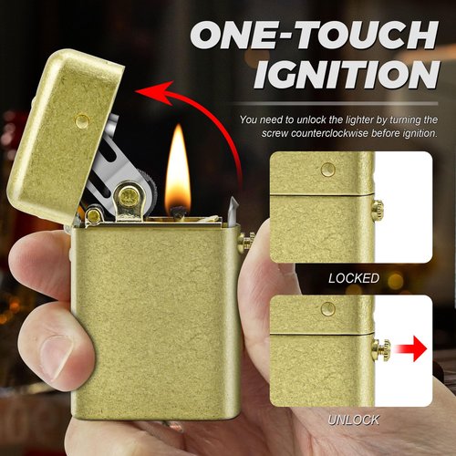 SAMNIU Vintage Trench Lighter, Classic Flip Copper Kerosene Lighters, with Replaceable Flint and Regulator, Cool Antique Brass Lighters for Men (No Fuel)