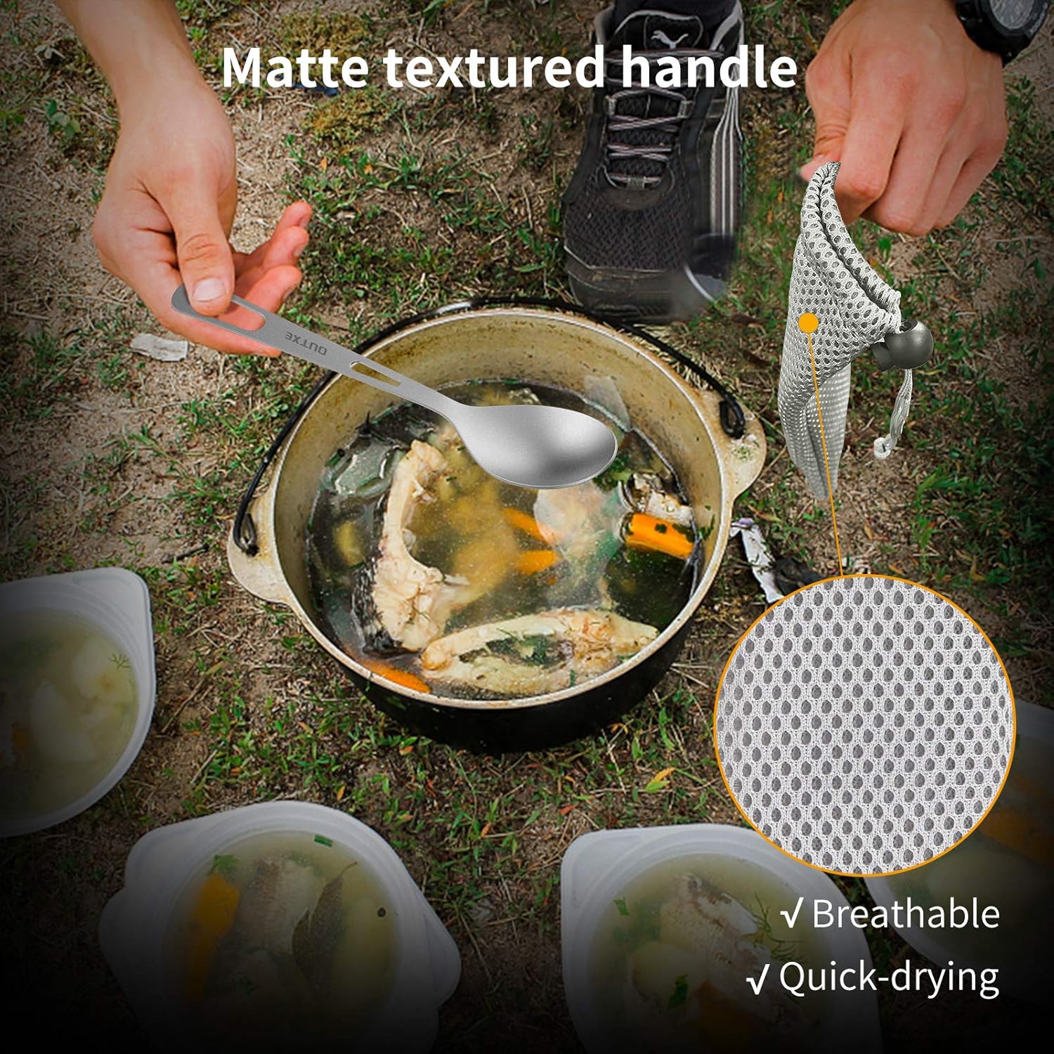 OUTXE Titanium Flatware Set - Lightweight Camping Cutlery with Carrying Bag for Travel & Hiking