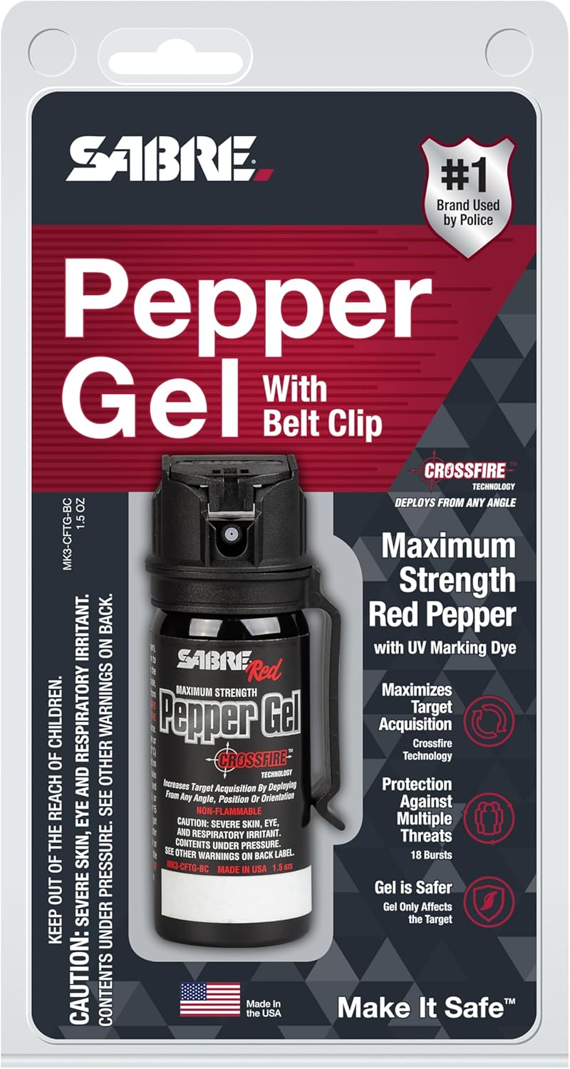 SABRE Crossfire Pepper Gel - Max Police Strength OC Spray | Deploys At Any Angle, 1.5 fl oz