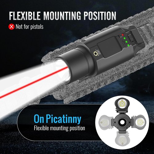 1500 Lumens Red Laser Light Combo - Rechargeable Tactical Flashlight for Rifle | Picatinny Rail Compatible