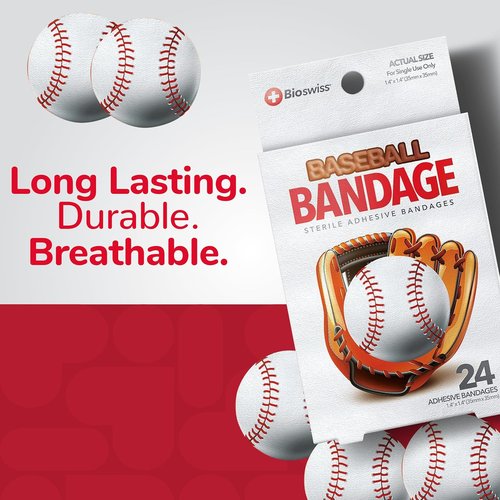 BioSwiss Baseball Shaped Bandages - Latex Free & Sterile Wound Care | 24 Count Set