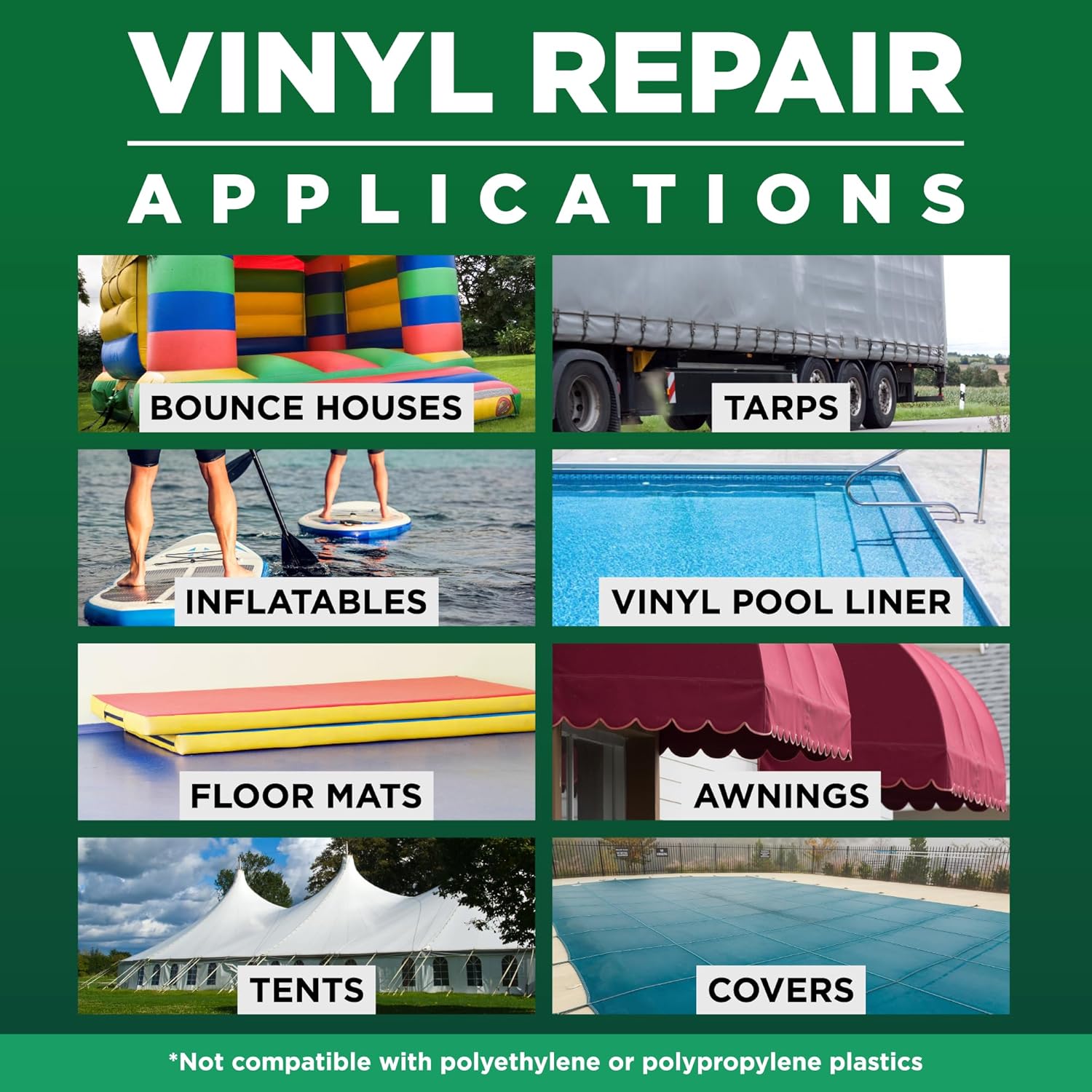 RH Adhesives Vinyl Patch Kit - 10" x 10" Reinforced Flexible PVC with HH-66 TF Vinyl Cement & Brush | Black