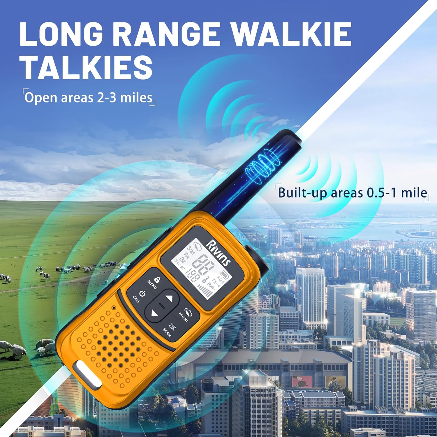 Rivins F22 Rechargeable Walkie Talkies - Long Range 1400mAh Battery, NOAA, USB-C, Flashlight | 2 Pack, Orange
