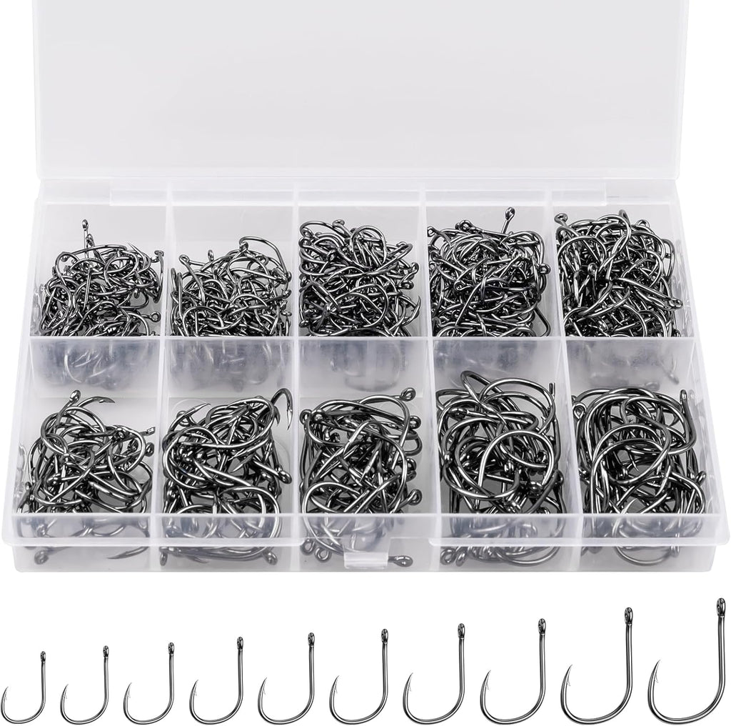 ReeMoo Premium Fishing Hooks - Strong Carbon Steel with Barbs | 500PCS in 10 Sizes with Portable Box