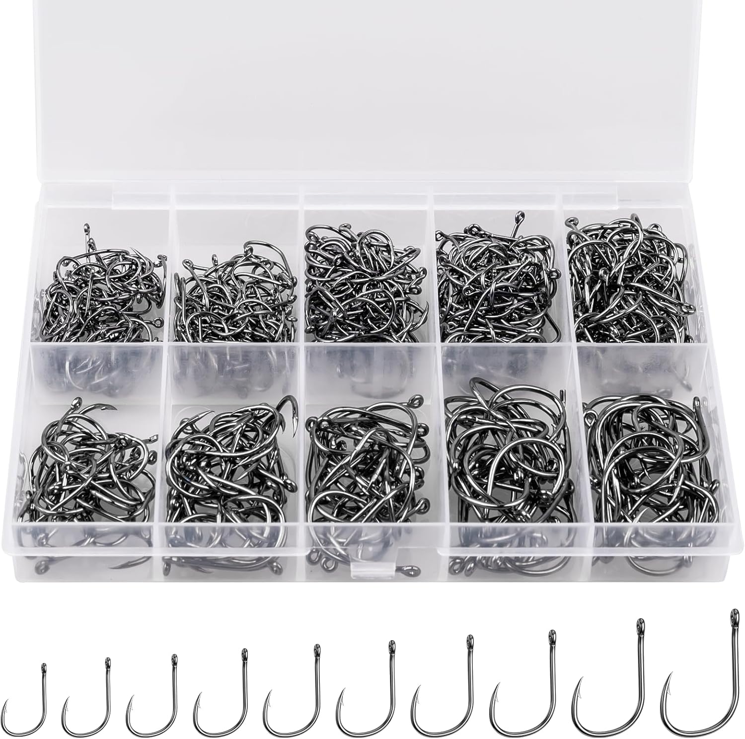 ReeMoo Premium Fishing Hooks - Strong Carbon Steel with Barbs | 500PCS in 10 Sizes with Portable Box