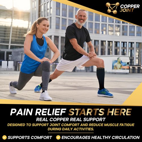 CopperJoint Copper Compression Socks for Women & Men, Knee High Support Socks, Wide Calf Friendly, Breathable Comfort for Work, Travel and Everyday Wear, 1 Pair, Medium, Black and Tan