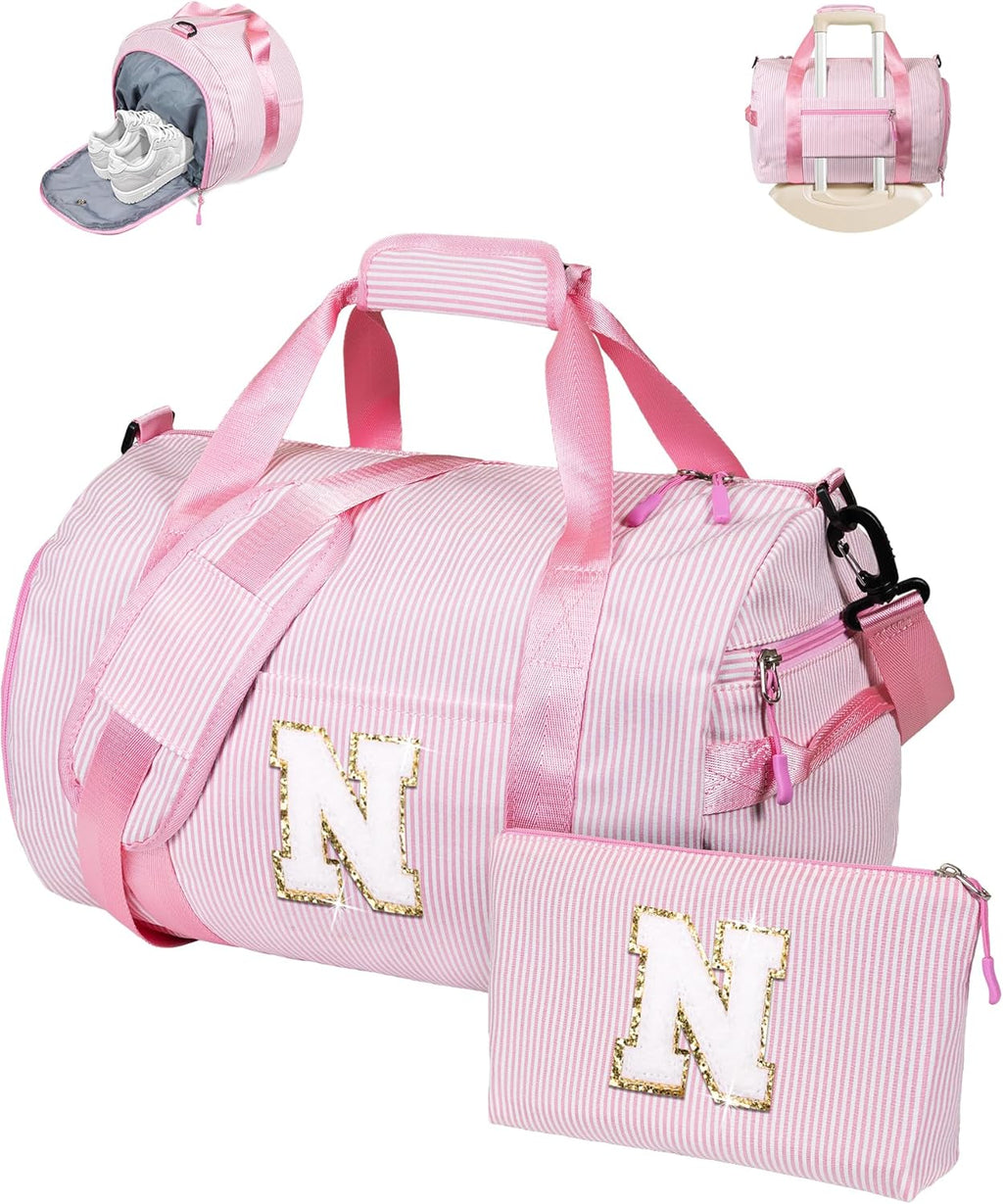 Skiennix Girls Travel Duffle Bag - Personalized Overnight Bag with Shoe Compartment & Makeup Pouch | Letter N