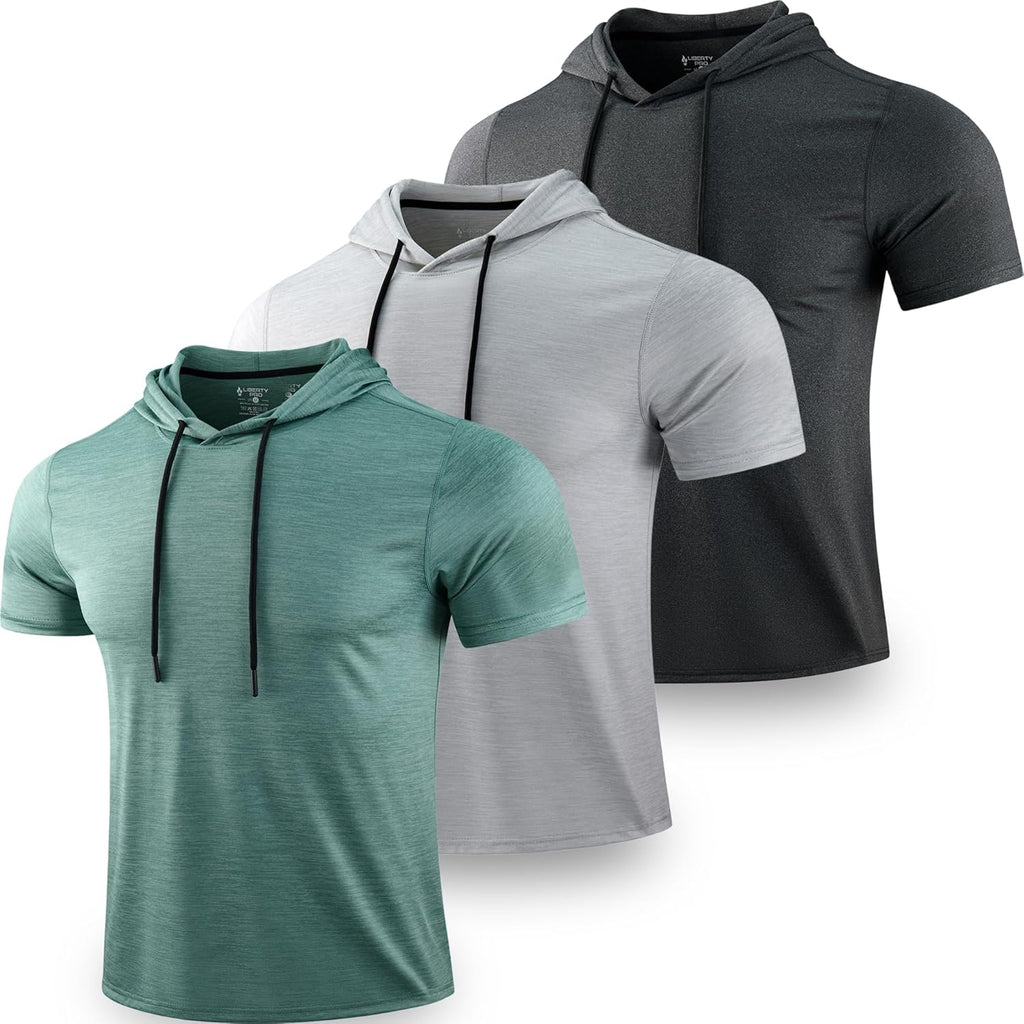 Skiennix Men's Lightweight Short Sleeve Workout Hoodies - Athletic Dry Fit T-Shirts for Gym | 3 Pack