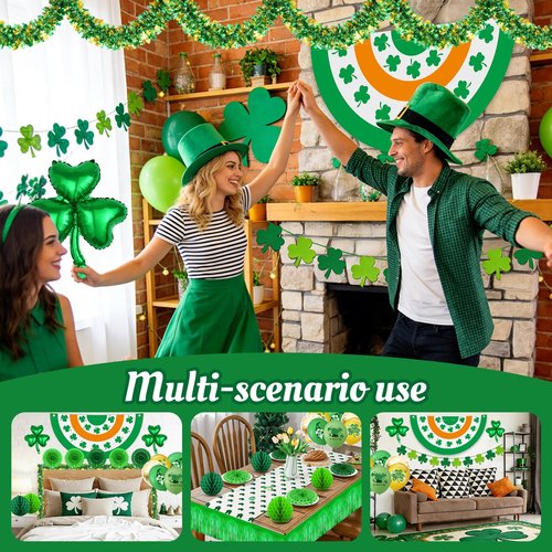 56pcs St. Patrick's Day Golf Cart Parade Decorations Kit, Saint Patrick's Car Decor Set-Irish Flag Tinsel Garlands Shamrock Balloons&Banners Crepe Paper Fans Stickers for Irish Festival Decor Supplies